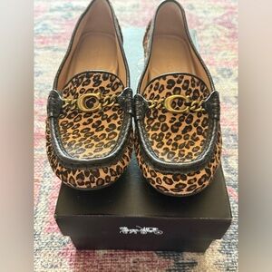 Coach Maegan Driver Haircalf Leopard Loafers Size 7B Natural EUC